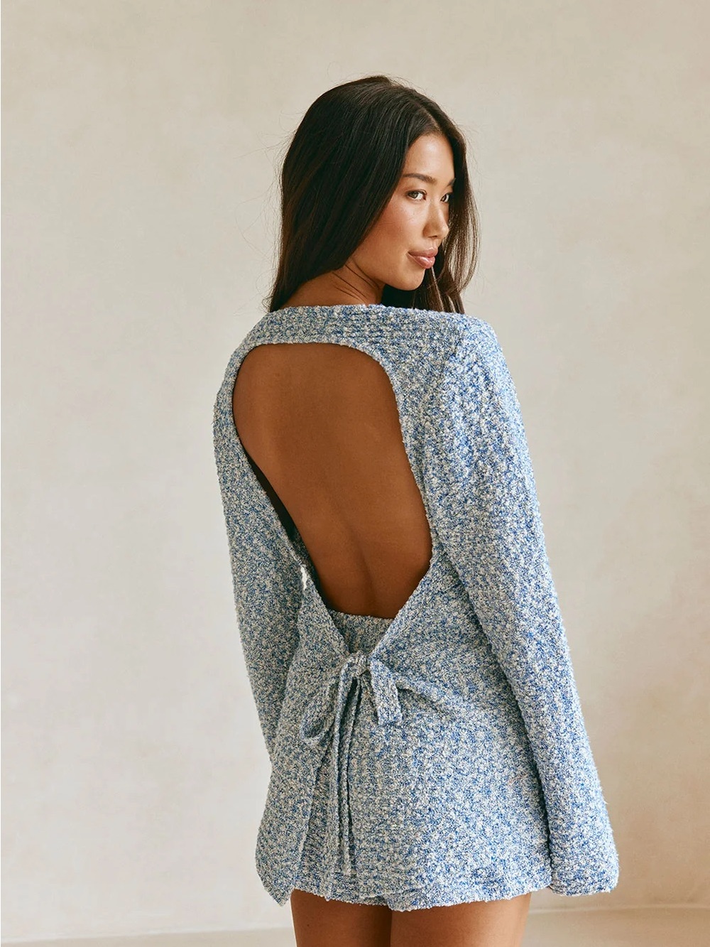 Sabo Open-Back Blue Bouclé Sweater